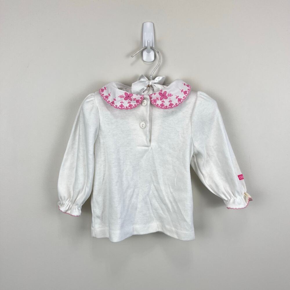 Vintage OshKosh B'gosh White Pink Embroidered Flower Collared Top 6-9 Months